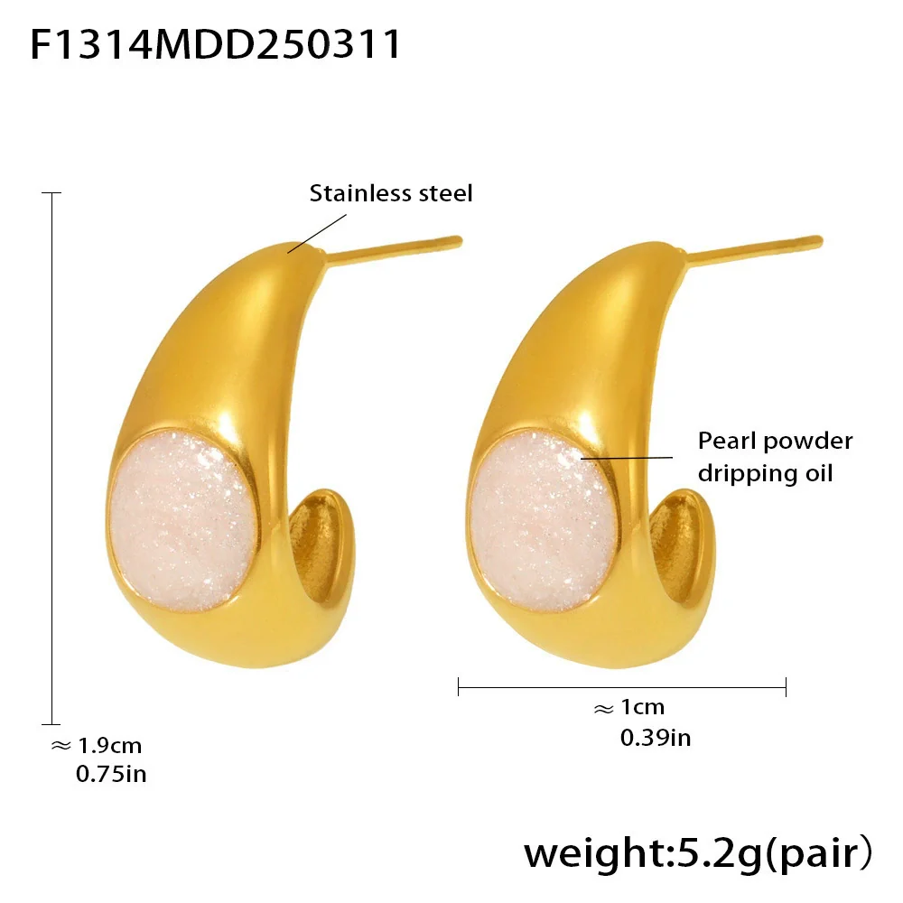 Wholesale Women's Geometric Ushaped And Crescent Cshaped Stainless Steel Pearl Powder Dripping Oil Electroplated 18K Gold Earrings - Image 6