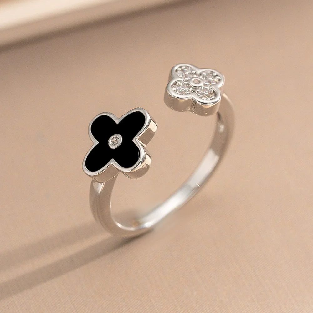 Wholesale Women's Gold Plated Copper Four Leaf Clover And Flower Open Ring With Electroplating - Image 2