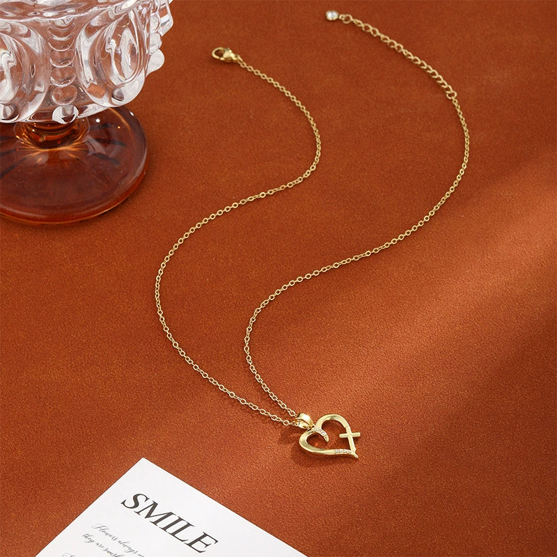 Wholesale Women's Gold Plated Copper Heart Shaped Clavicle Chain Necklace With Cross Inlay And Electroplating Treatment - Image 4