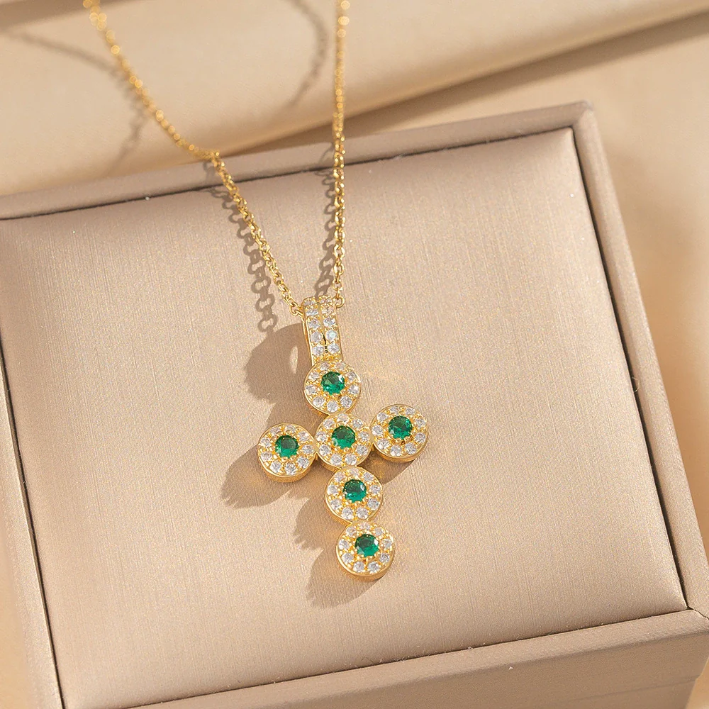 Wholesale Women's Gold Plated Geometric Cross Necklace With Green Zircon Inlay In Copper And Titanium Steel - Image 6