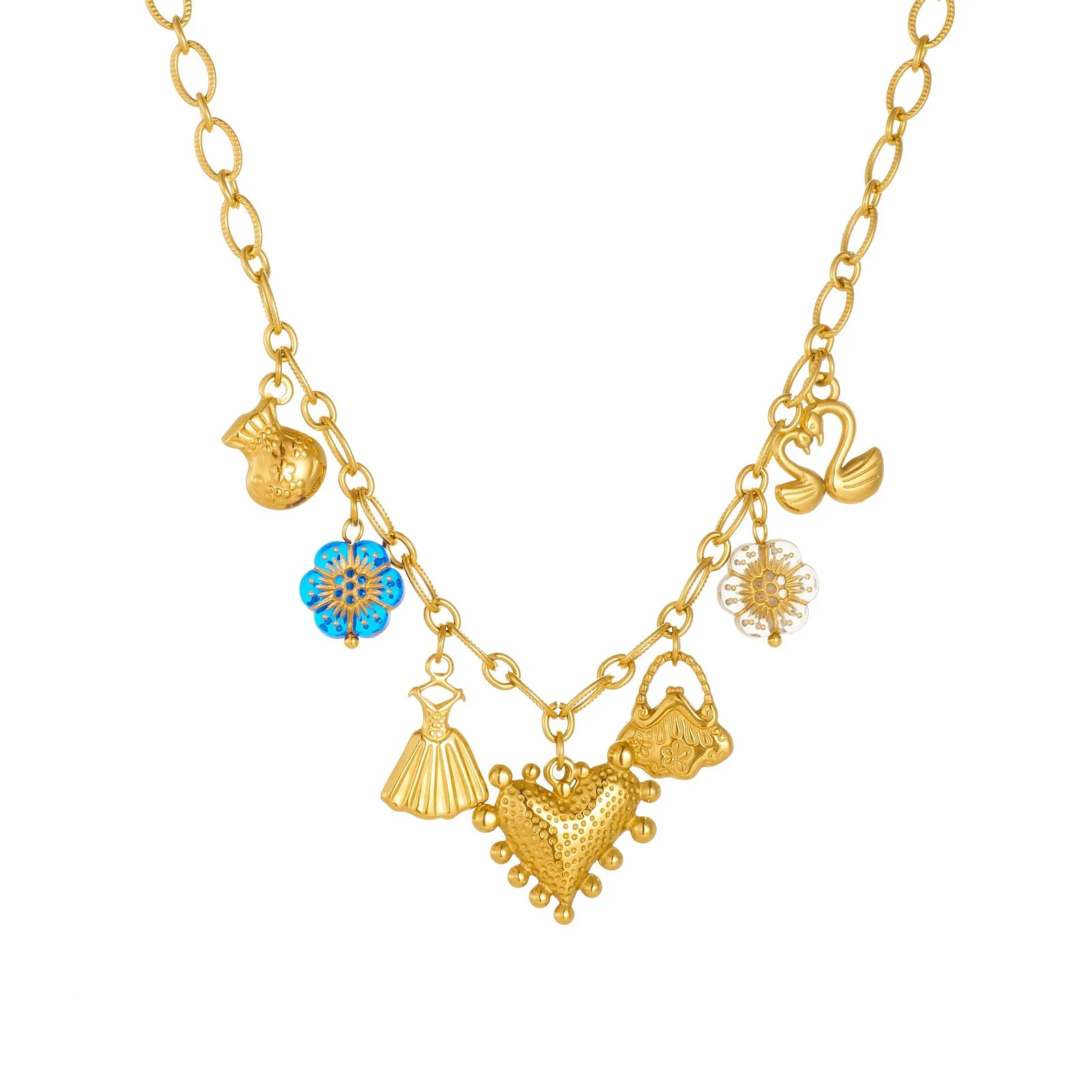 Wholesale Women's Gold Plated Maillard Style Heartshaped Stainless Steel Multipendant Necklace With Oshaped Chain - Image 5