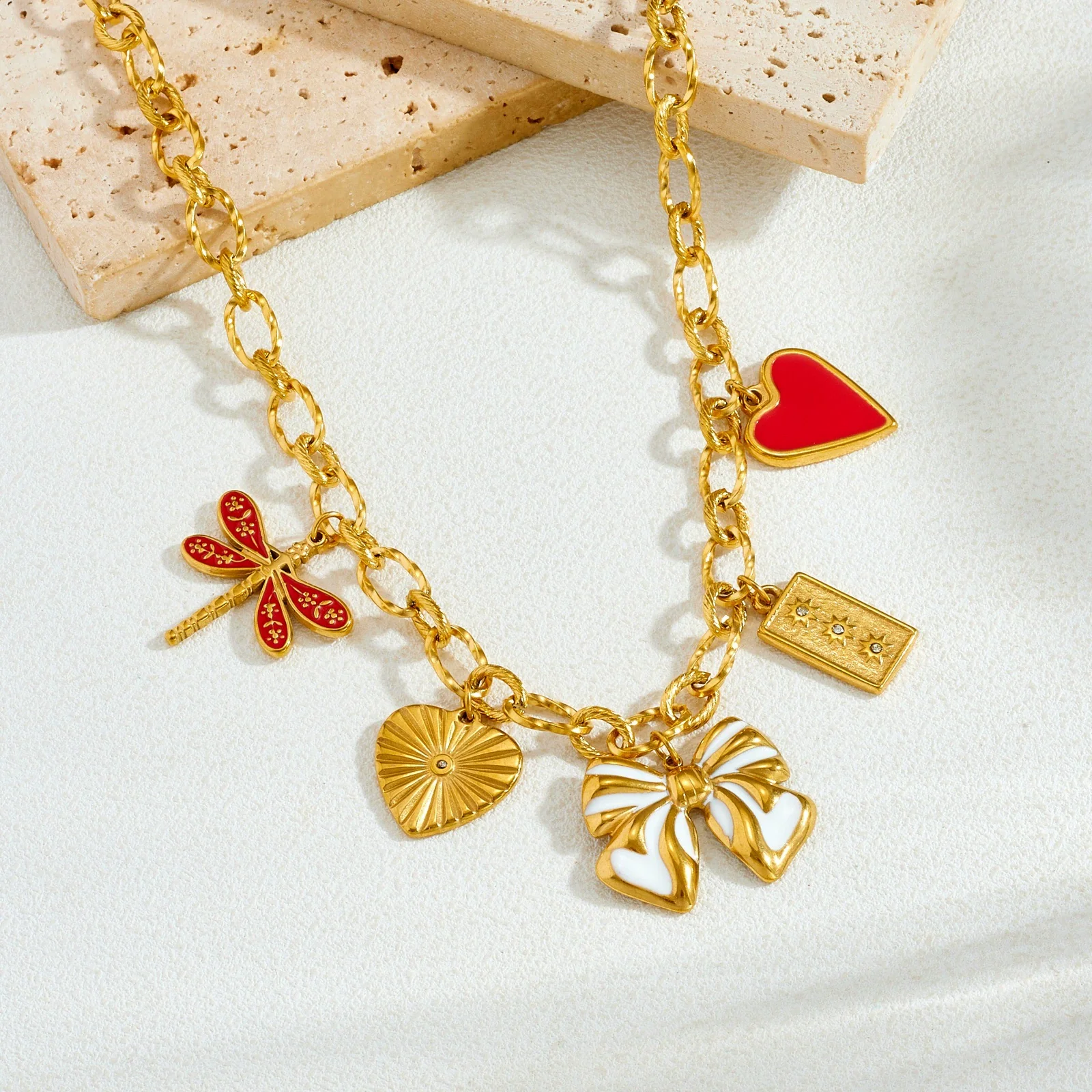 Wholesale Women's Goldplated Stainless Steel Insect Heart Shape Bow Pendant Necklace With Flash O Chain - Image 3