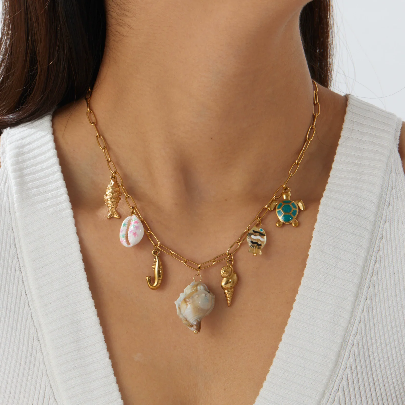 Wholesale Women's Goldplated Stainless Steel Marine Life Conch And Small Fish Pendant Necklace With Flat Cross Chain - Image 2