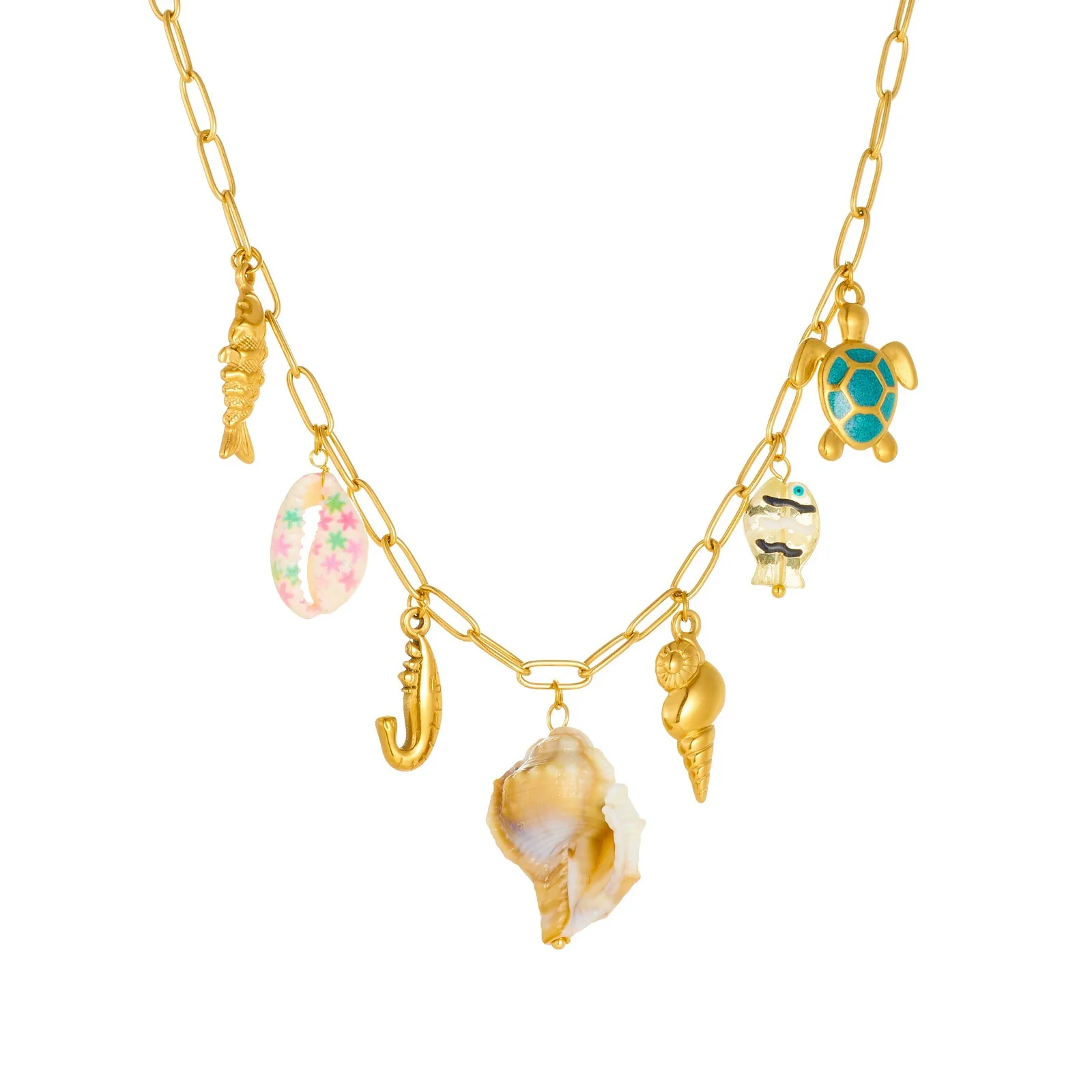 Wholesale Women's Goldplated Stainless Steel Marine Life Conch And Small Fish Pendant Necklace With Flat Cross Chain - Image 5