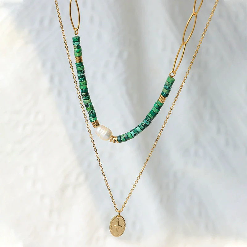 Wholesale Women's Handmade Highgrade Natural Stone Doublelayer Clavicle Chain Necklace With Geometric Pattern Titanium Steel Pendant And Electroplating Process - Image 2