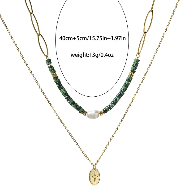 Wholesale Women's Handmade Highgrade Natural Stone Doublelayer Clavicle Chain Necklace With Geometric Pattern Titanium Steel Pendant And Electroplating Process - Image 4