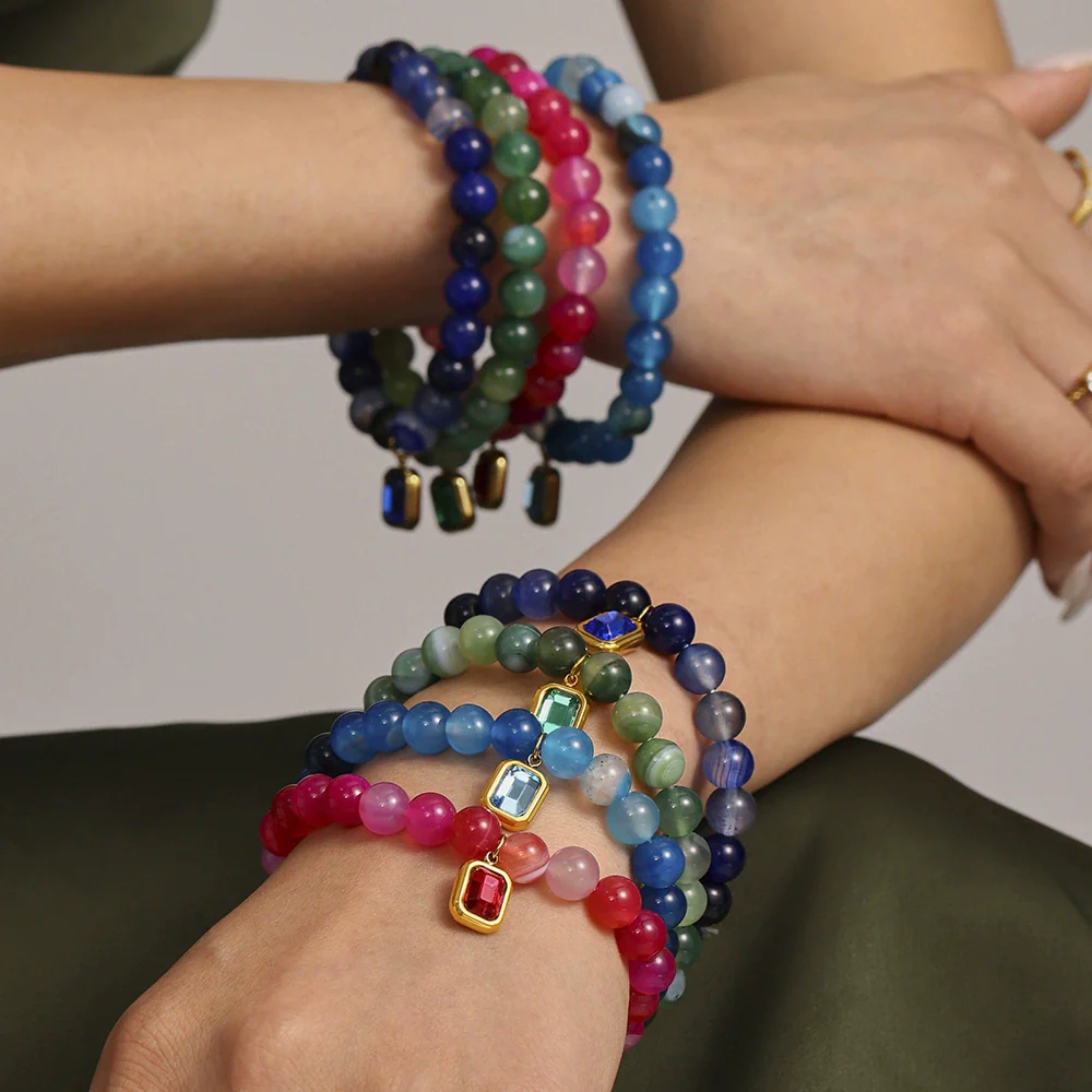 Wholesale Women's Handmade Natural Agate And Stainless Steel Geometric Pattern Electroplated Bracelet - Image 2