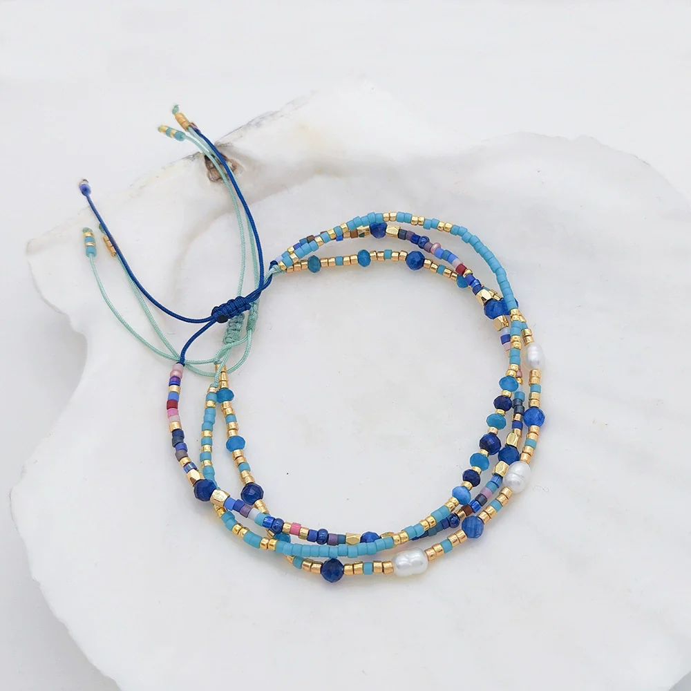 Wholesale Women's Handwoven Bracelet With Cord Natural Freshwater Pearl And Miyuki Rice Beads Geometric Style