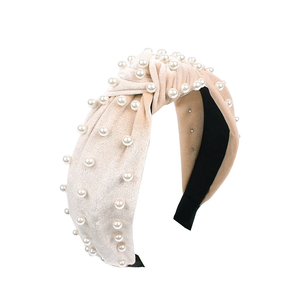 Wholesale Women's Handwoven Cloth Velvet Pearl Headband With Geometric Plaid Pattern - Image 10