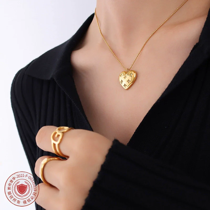 Wholesale Women's Heartshaped Diamondencrusted Ball Bead Chain Titanium Steel 18K Gold Plated Necklace Jewelry - Image 2