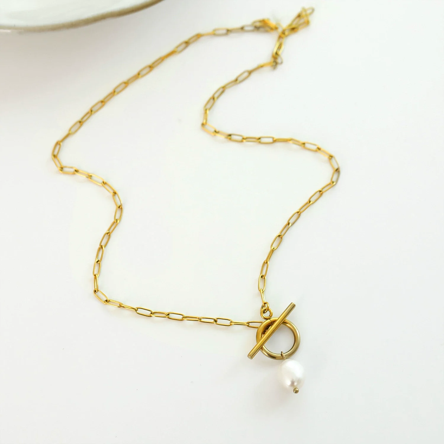 Wholesale Women's Hip Hop Stainless Steel Baroque Pearl Pendant Necklace With Geometric Pattern And Gold Plated Bamboo Chain - Image 4