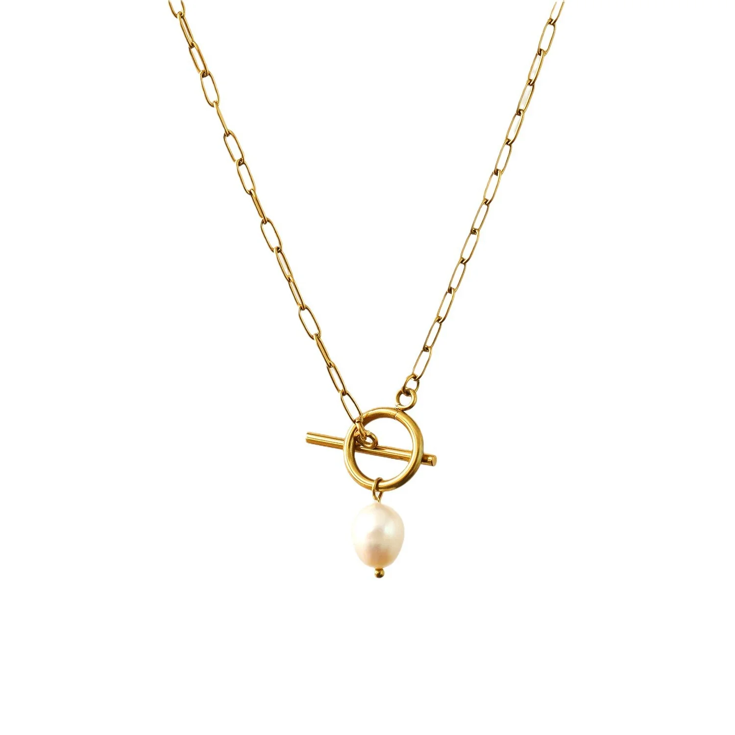 Wholesale Women's Hip Hop Stainless Steel Baroque Pearl Pendant Necklace With Geometric Pattern And Gold Plated Bamboo Chain - Image 5
