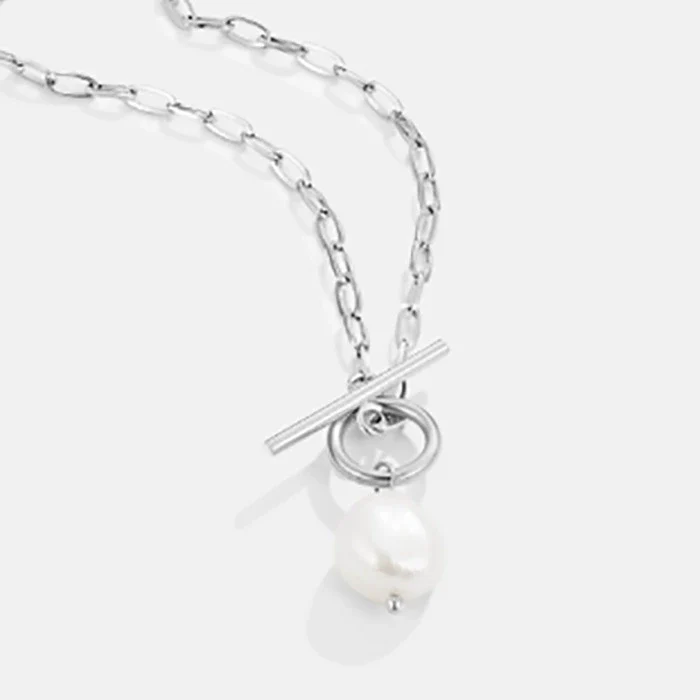 Wholesale Women's Hip Hop Stainless Steel Baroque Pearl Pendant Necklace With Geometric Pattern And Gold Plated Bamboo Chain - Image 7
