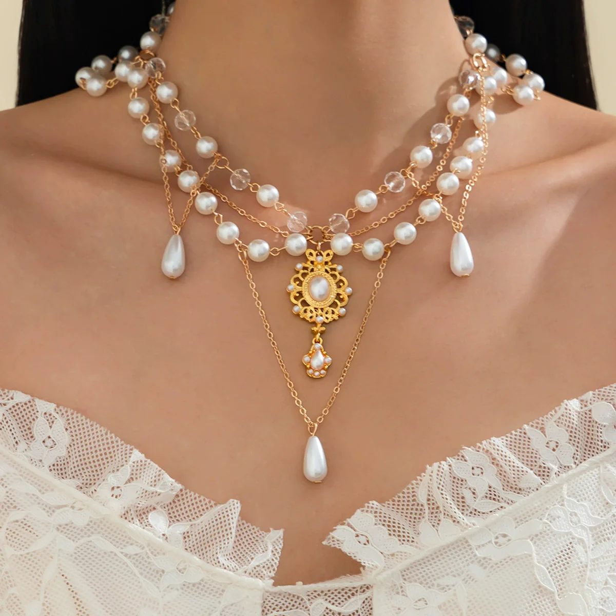 Wholesale Women's Imitation Pearl Tassel Necklace With Alloy Pendant Drop Shape Electroplated Metal Hollow Design