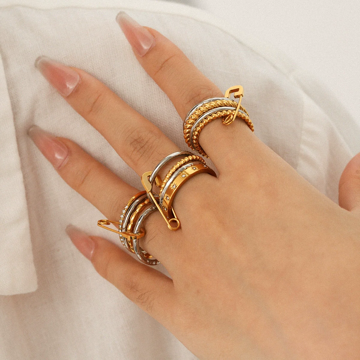 Wholesale Women's Ins Style Geometric Diamondencrusted Stainless Steel Stacking Rings - Image 2