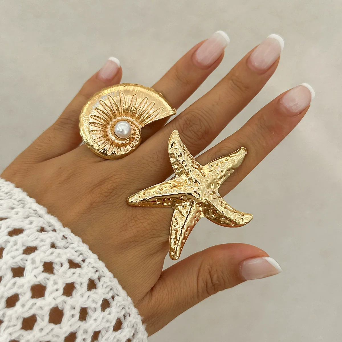 Wholesale Women's Jewelry Alloy Imitation Pearl Starfish Ring Holiday Style Geometric Electroplated