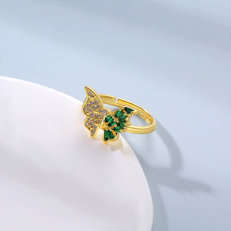 Wholesale Women's Jewelry Butterfly Ring Copper Electroplating Green Zircon Diamond Insect Pattern