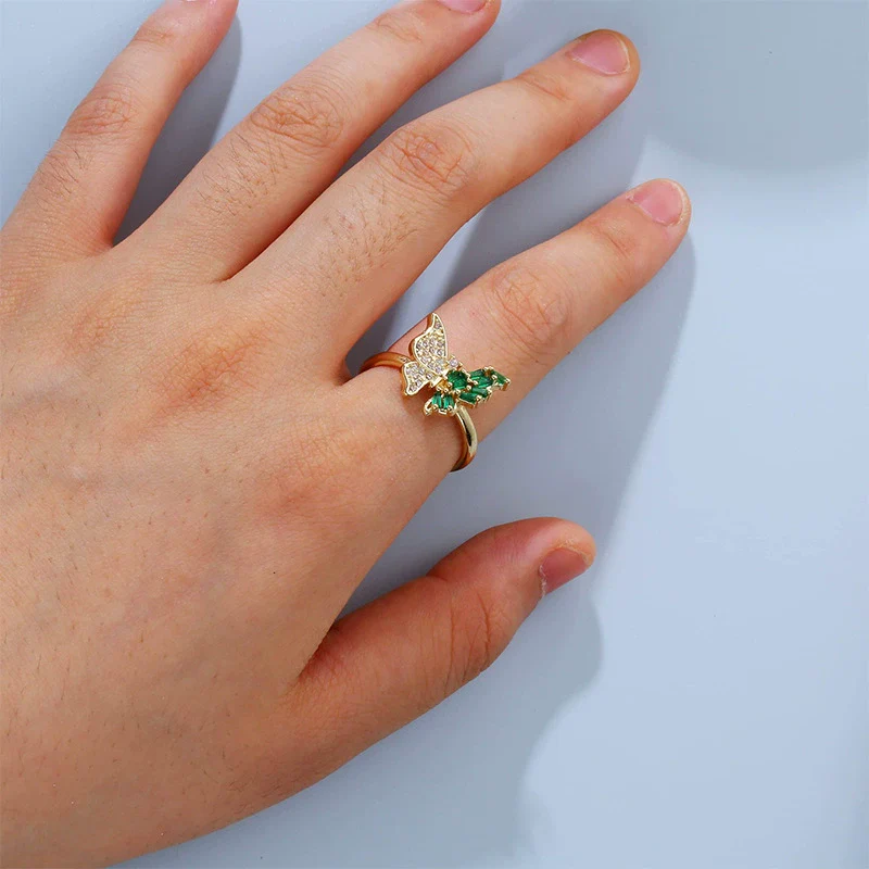 Wholesale Women's Jewelry Butterfly Ring Copper Electroplating Green Zircon Diamond Insect Pattern - Image 2