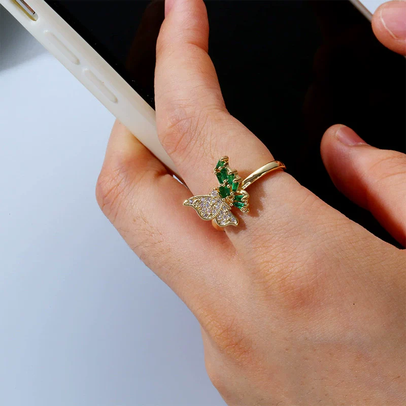 Wholesale Women's Jewelry Butterfly Ring Copper Electroplating Green Zircon Diamond Insect Pattern - Image 3