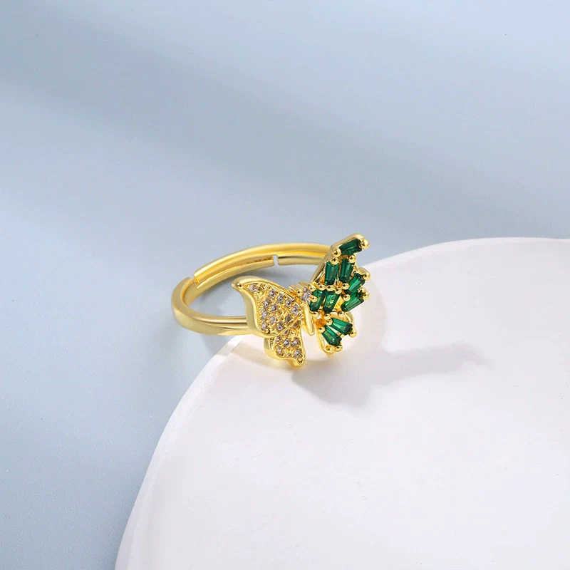 Wholesale Women's Jewelry Butterfly Ring Copper Electroplating Green Zircon Diamond Insect Pattern - Image 4