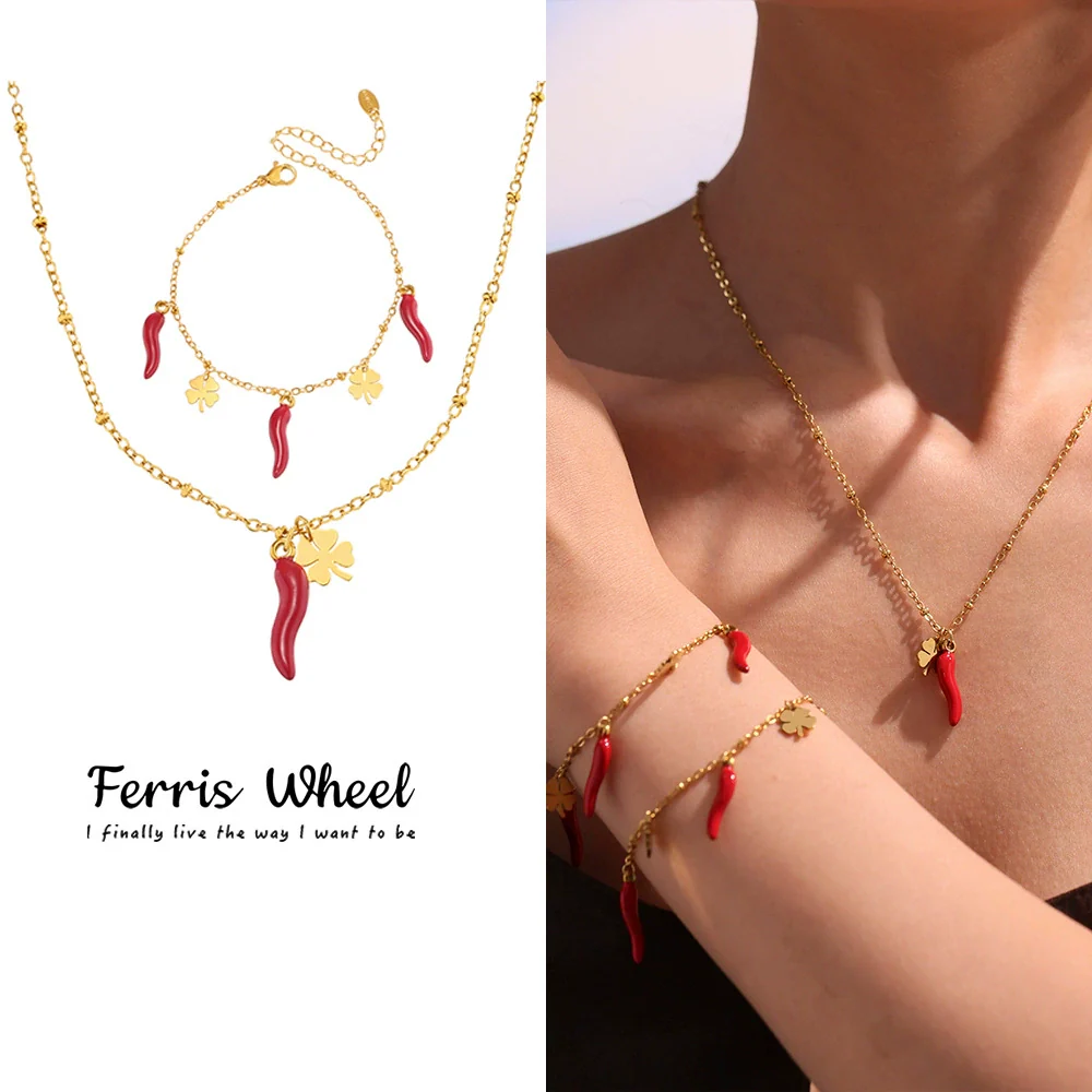 Wholesale Women's Jewelry Ferris Wheel Four Leaf Clover Red Chili Pendant Necklace In Stainless Steel With Enamel Glaze And Electroplating