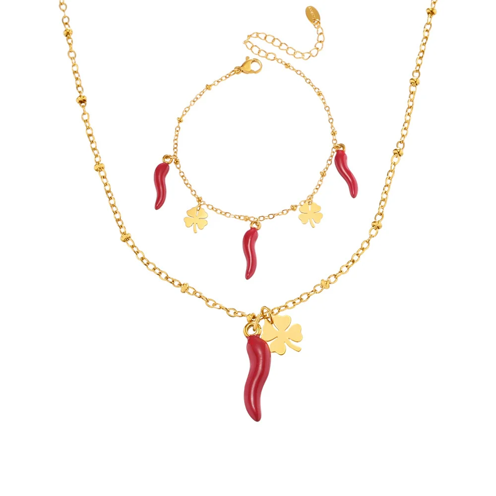 Wholesale Women's Jewelry Ferris Wheel Four Leaf Clover Red Chili Pendant Necklace In Stainless Steel With Enamel Glaze And Electroplating - Image 5