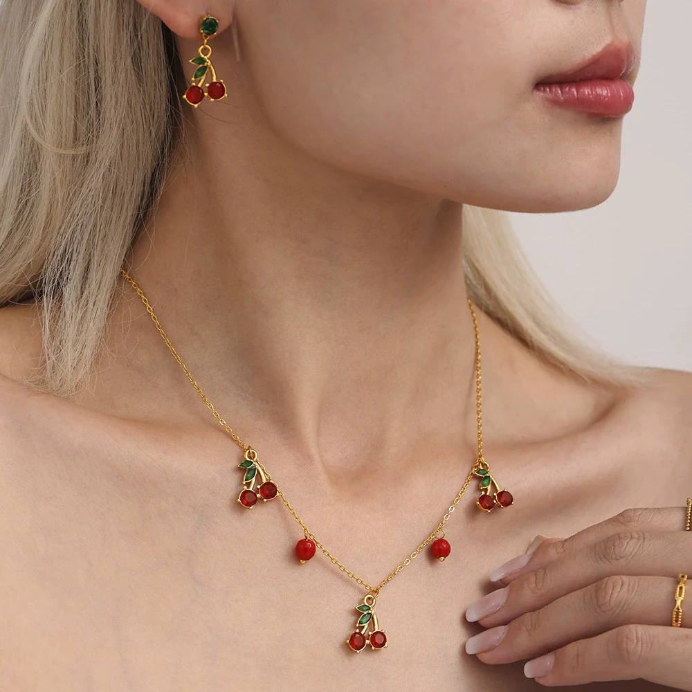 Wholesale Women's Jewelry Set Ferris Wheel Design Natural Stone Beaded Necklace And Glass Stone Cherry Earrings Titanium Steel Electroplated - Image 2
