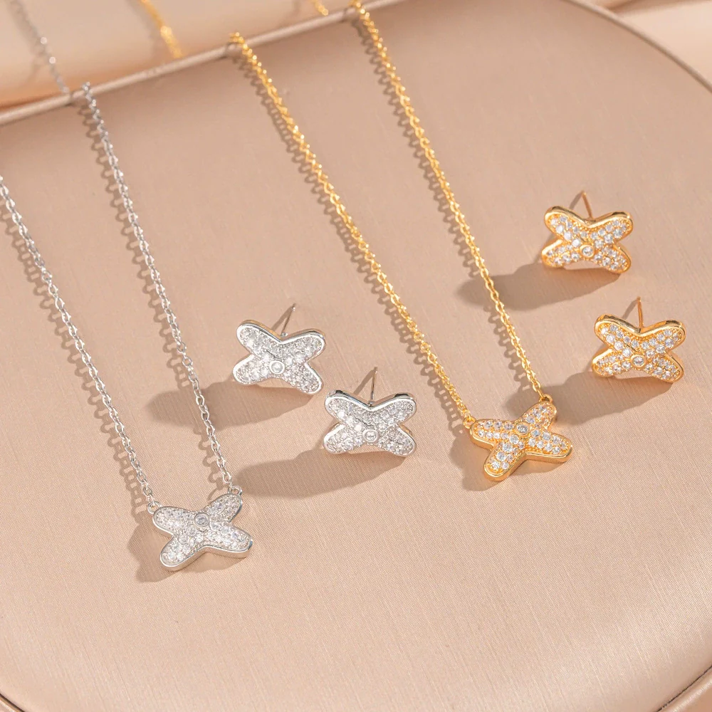 Wholesale Women's Jewelry Set Light Luxury Geometric Style Cross Crown Roman Numerals Electroplated Environmentally Friendly Copper And Titanium Steel Necklace And Earrings