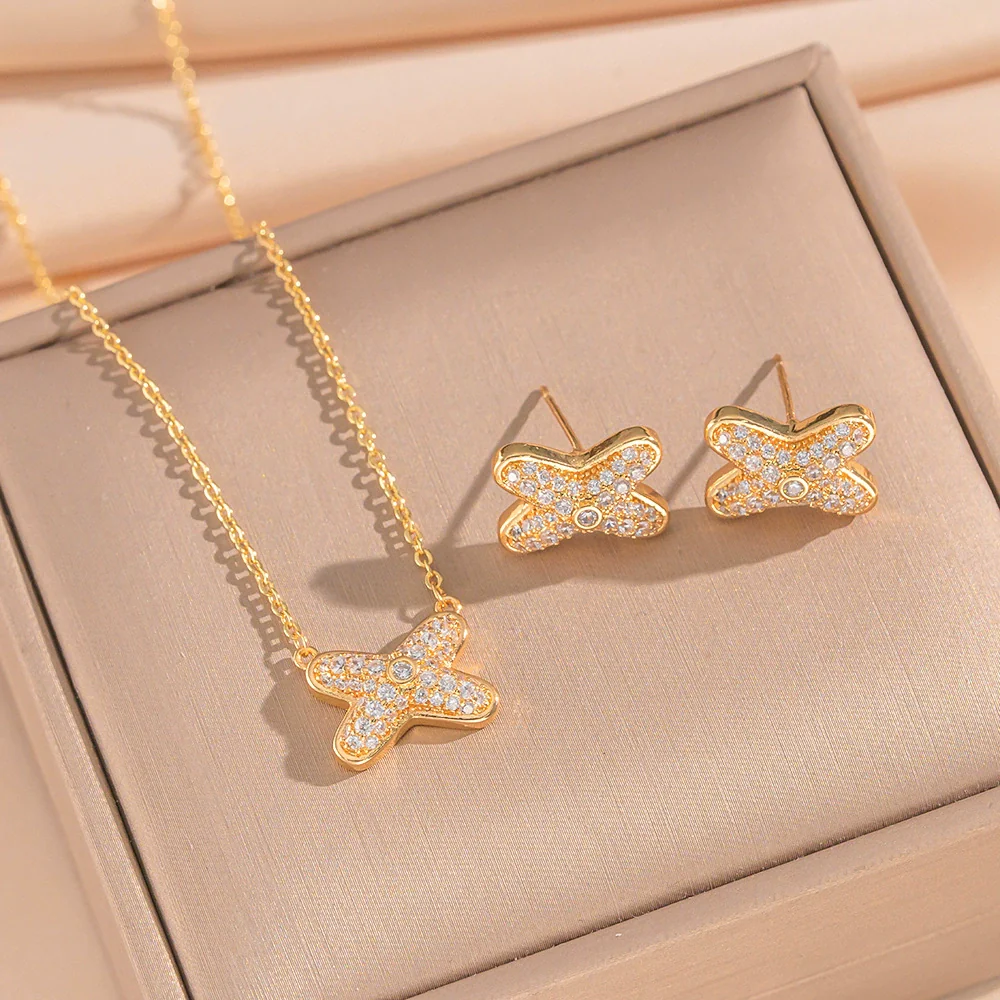 Wholesale Women's Jewelry Set Light Luxury Geometric Style Cross Crown Roman Numerals Electroplated Environmentally Friendly Copper And Titanium Steel Necklace And Earrings - Image 3