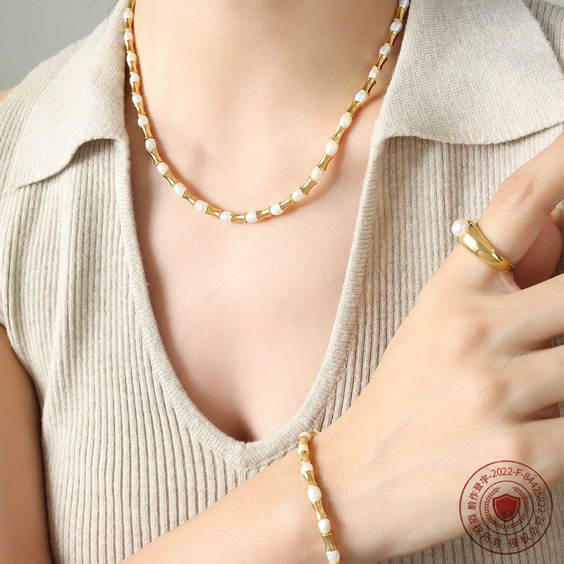 Wholesale Women's Jewelry Set Necklace Bracelet Freshwater Pearl Stitching Titanium Steel Electroplated - Image 2