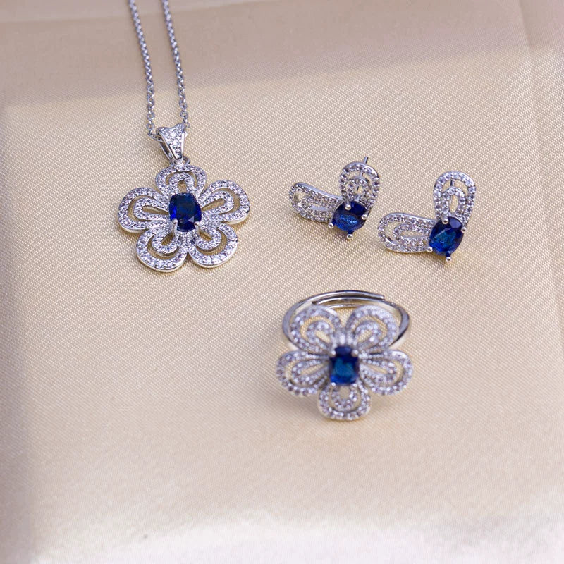 Wholesale Women's Jewelry Set Titanium Steel Flower Shaped With Sea Blue Gemstone Inlaid And Electroplating - Image 2