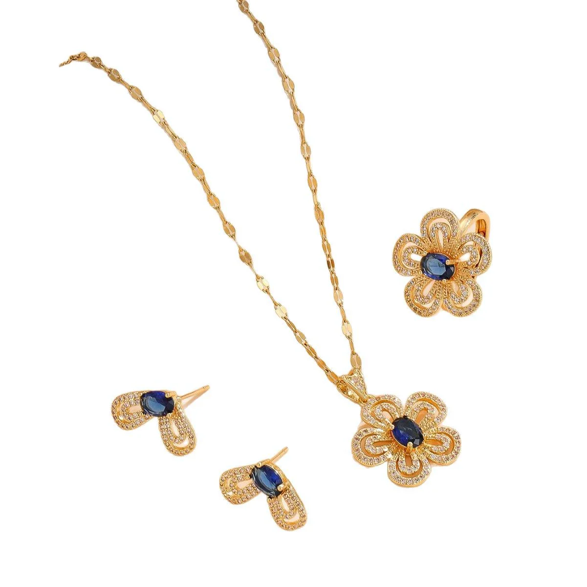 Wholesale Women's Jewelry Set Titanium Steel Flower Shaped With Sea Blue Gemstone Inlaid And Electroplating - Image 5