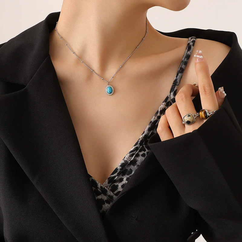 Wholesale Women's Jewelry Set With Pine Stone And Cat's Eye Stone Inlaid Titanium Steel Turquoise Opal Simple Geometric Design - Image 14