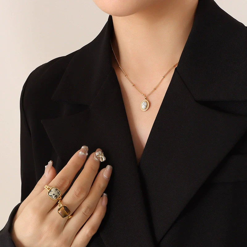 Wholesale Women's Jewelry Set With Pine Stone And Cat's Eye Stone Inlaid Titanium Steel Turquoise Opal Simple Geometric Design - Image 17