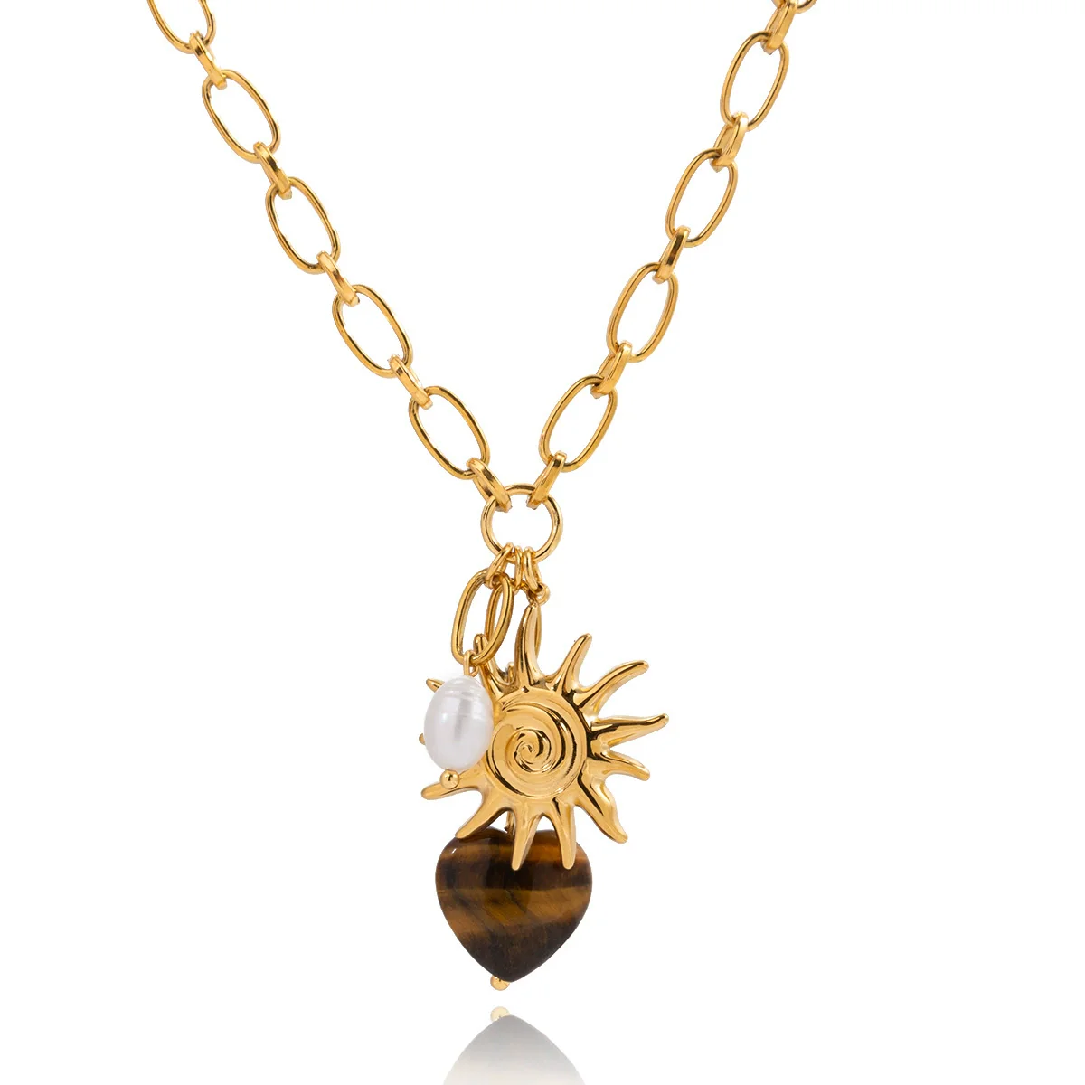 Wholesale Women's Jewelry Stainless Steel Electroplated Necklace With Tiger Eye Stone Heart Shape And Geometric Pattern - Image 5