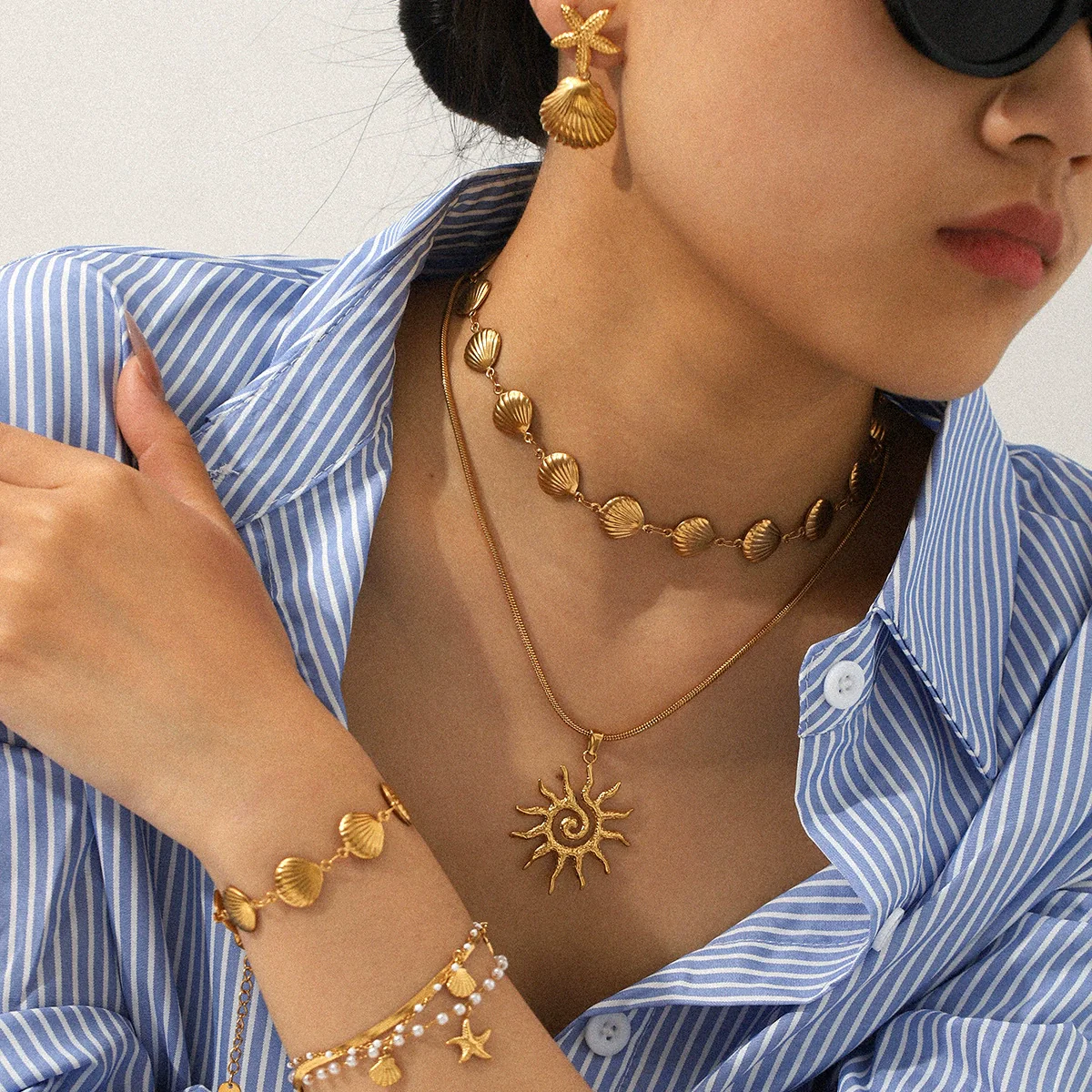 Wholesale Women's Jewelry Stainless Steel Shell Chain Electroplated Star Geometric Necklace Bracelet Earrings