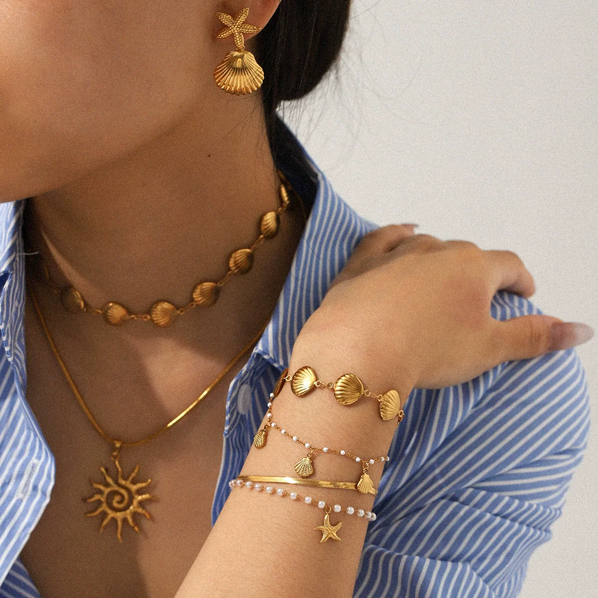 Wholesale Women's Jewelry Stainless Steel Shell Chain Electroplated Star Geometric Necklace Bracelet Earrings - Image 2