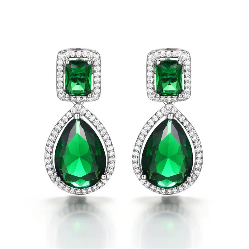 Wholesale Women's Light Luxury Copper Drop Shape Emerald Microinlaid Pearshaped Zircon Long Earrings - Image 2