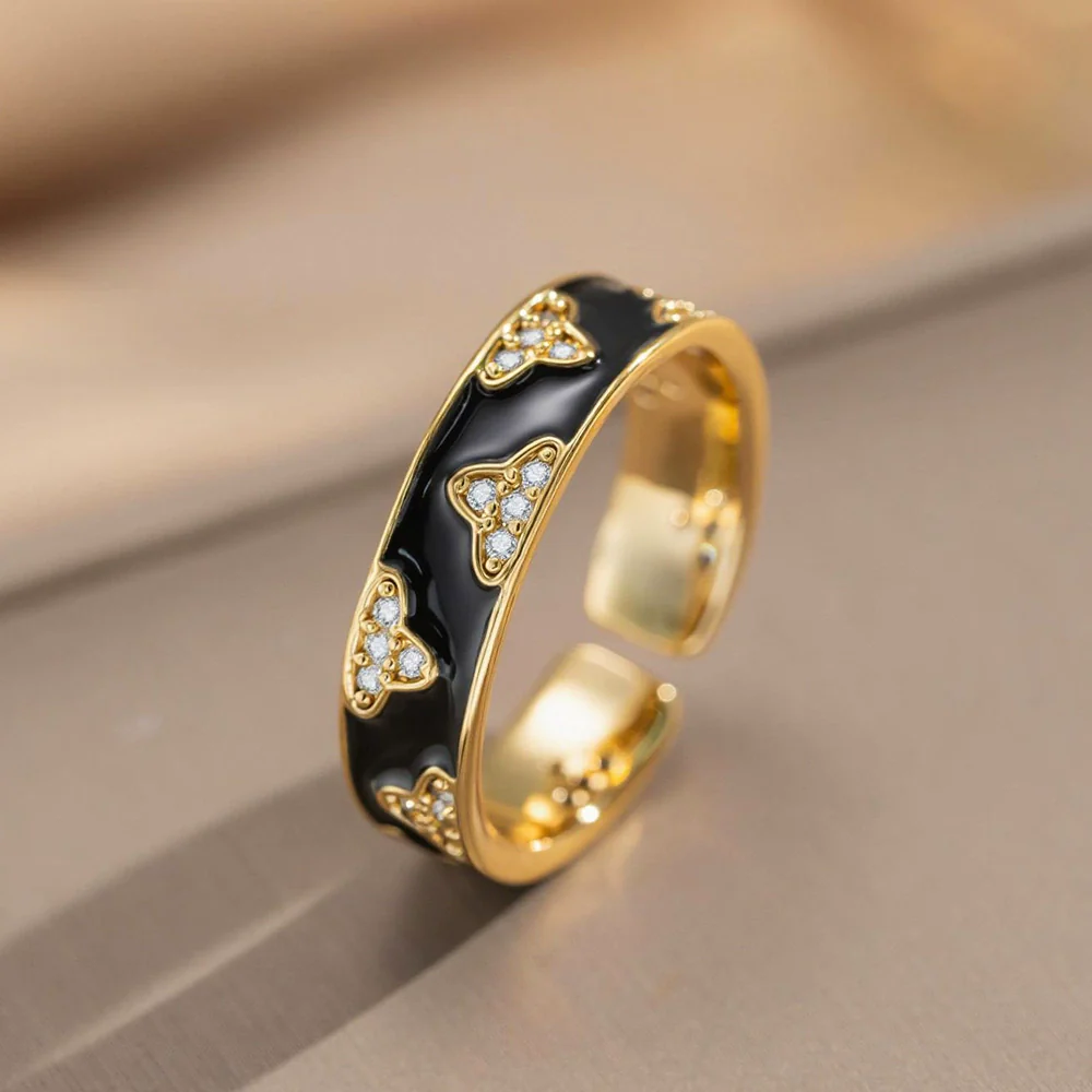 Wholesale Women's Light Luxury Enamel Open Index Finger Ring Gold Plated Copper With Flower Pattern - Image 3