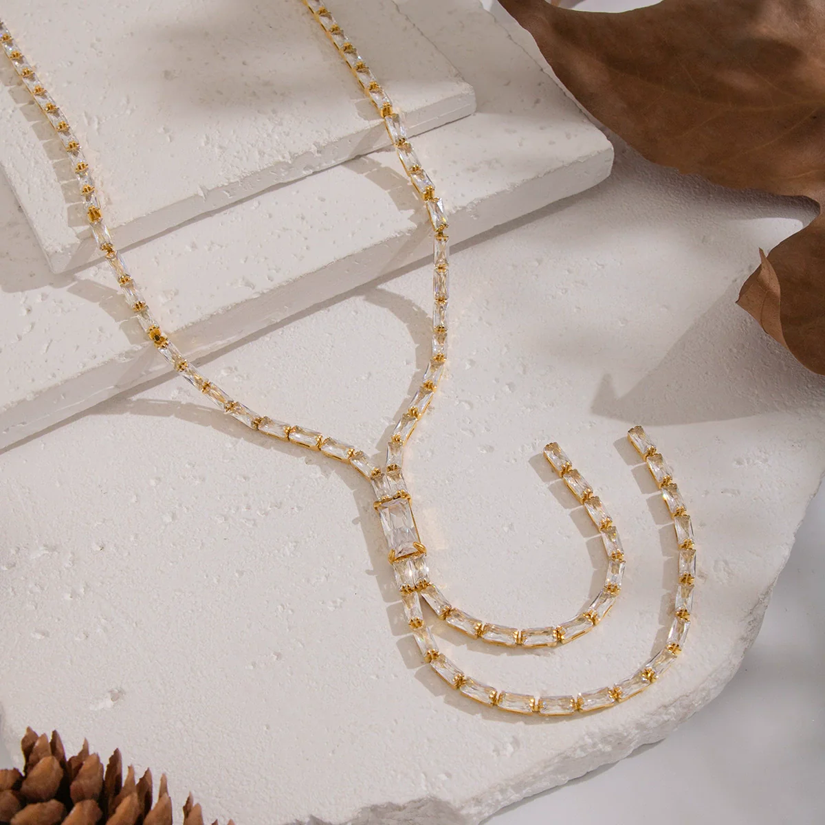 Wholesale Women's Light Luxury Geometric 18K Real Gold Plated Bamboo Handmade Inlaid Zircon Tassel Necklace Sweater Chain