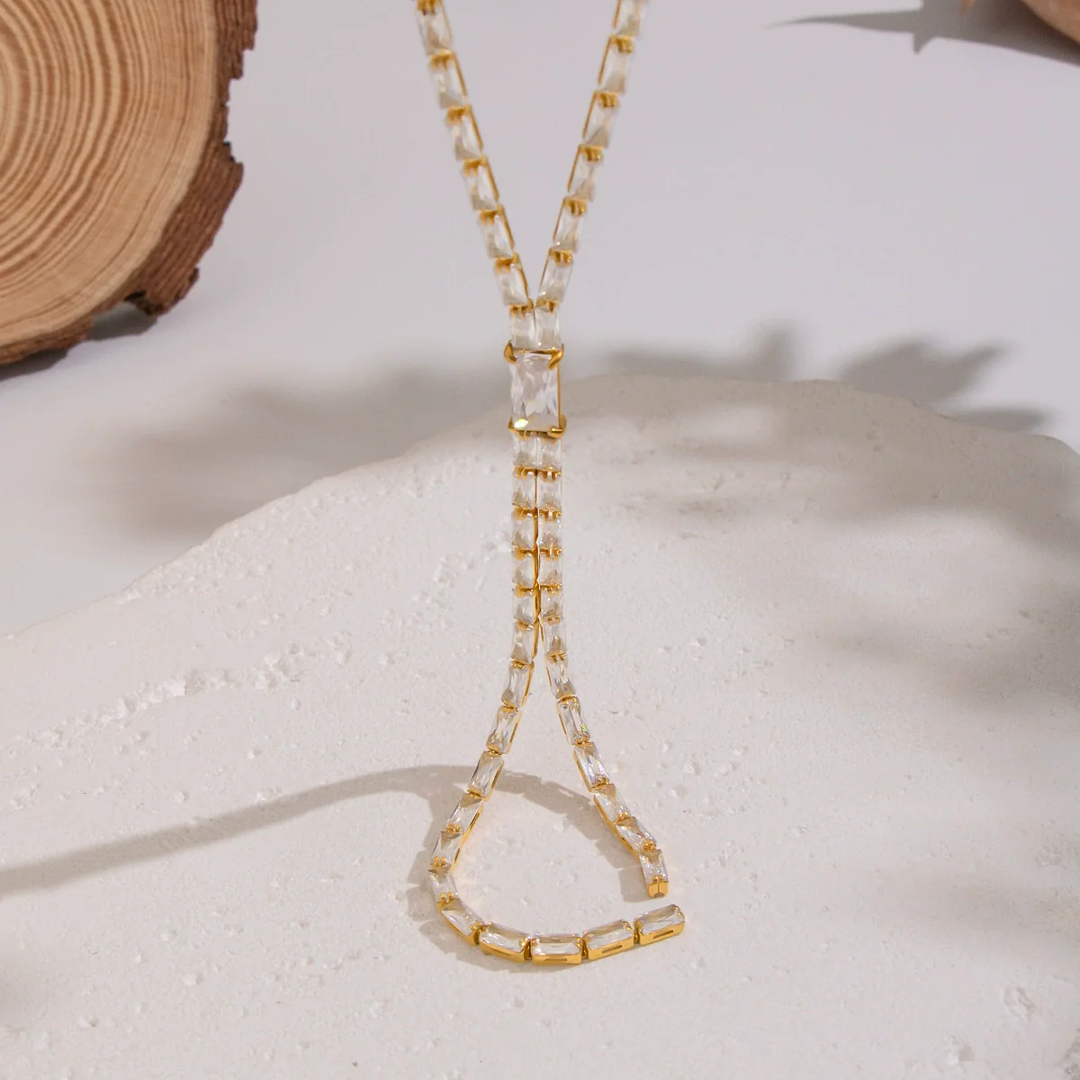 Wholesale Women's Light Luxury Geometric 18K Real Gold Plated Bamboo Handmade Inlaid Zircon Tassel Necklace Sweater Chain - Image 4