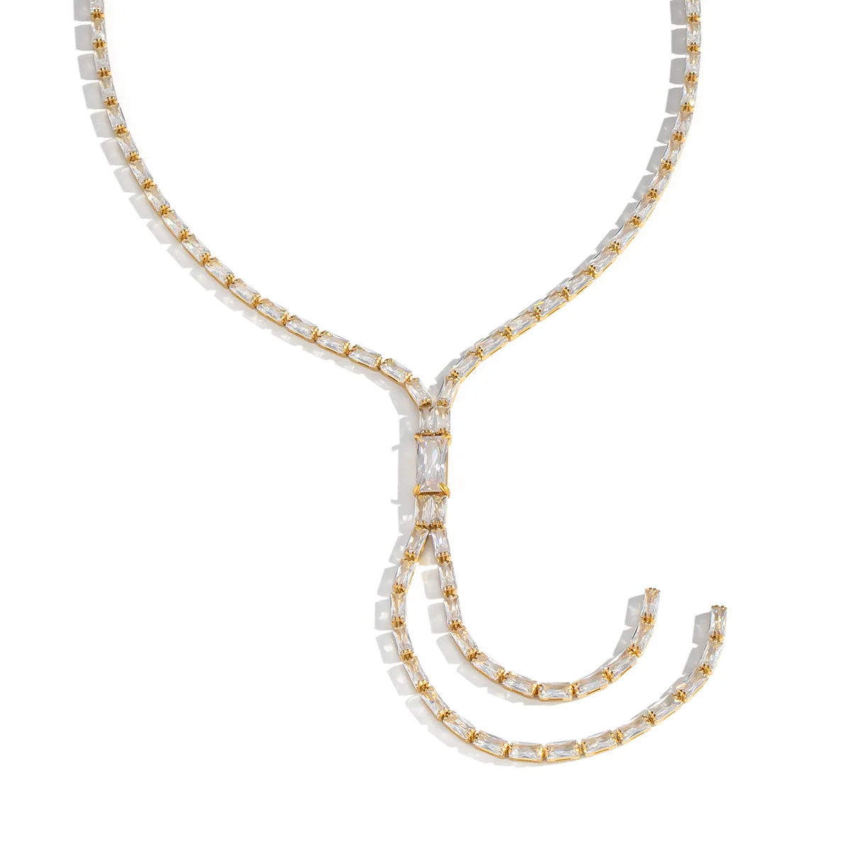 Wholesale Women's Light Luxury Geometric 18K Real Gold Plated Bamboo Handmade Inlaid Zircon Tassel Necklace Sweater Chain - Image 5