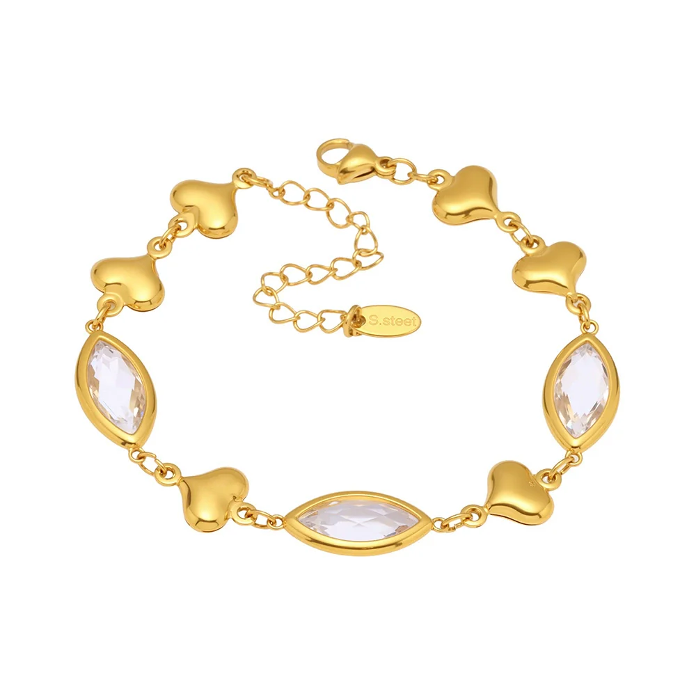 Wholesale Women's Light Luxury Geometric Faceted Glass Stone Hollow Heart Stitching Stainless Steel Goldplated Bracelet - Image 5