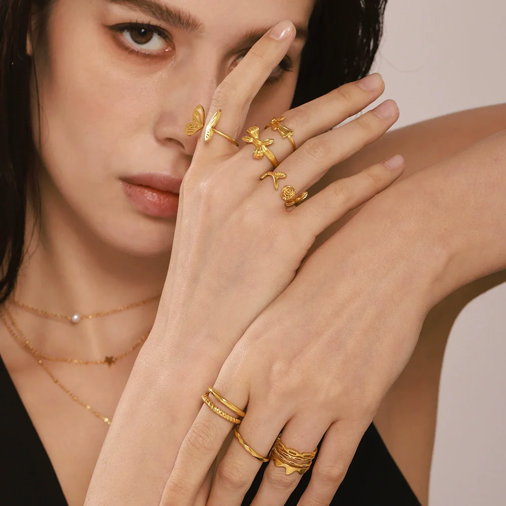 Wholesale Women's Light Luxury Geometric Ferris Wheel Irregular Split Ring Combination Stainless Steel Titanium Steel Pvd Plated 18K Gold Color Preservation Ring - Image 3