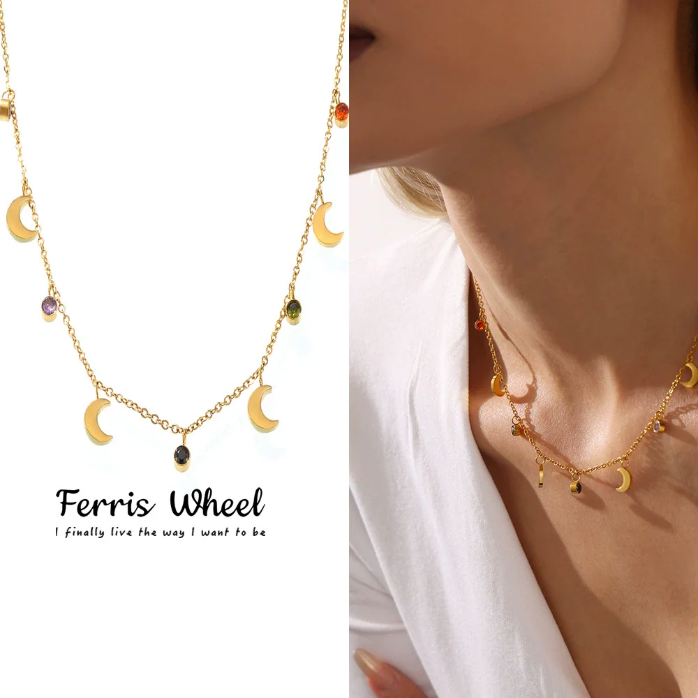 Wholesale Women's Light Luxury Geometric Ferris Wheel Moon Clavicle Necklace With Multicolor Rhinestone Tassel Stainless Steel 18K Gold Plated Zircon Pendant