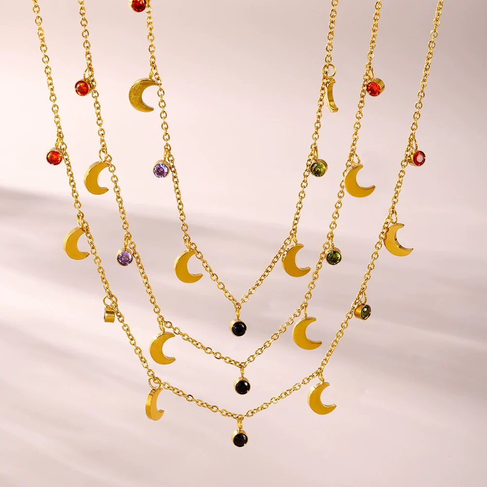 Wholesale Women's Light Luxury Geometric Ferris Wheel Moon Clavicle Necklace With Multicolor Rhinestone Tassel Stainless Steel 18K Gold Plated Zircon Pendant - Image 2