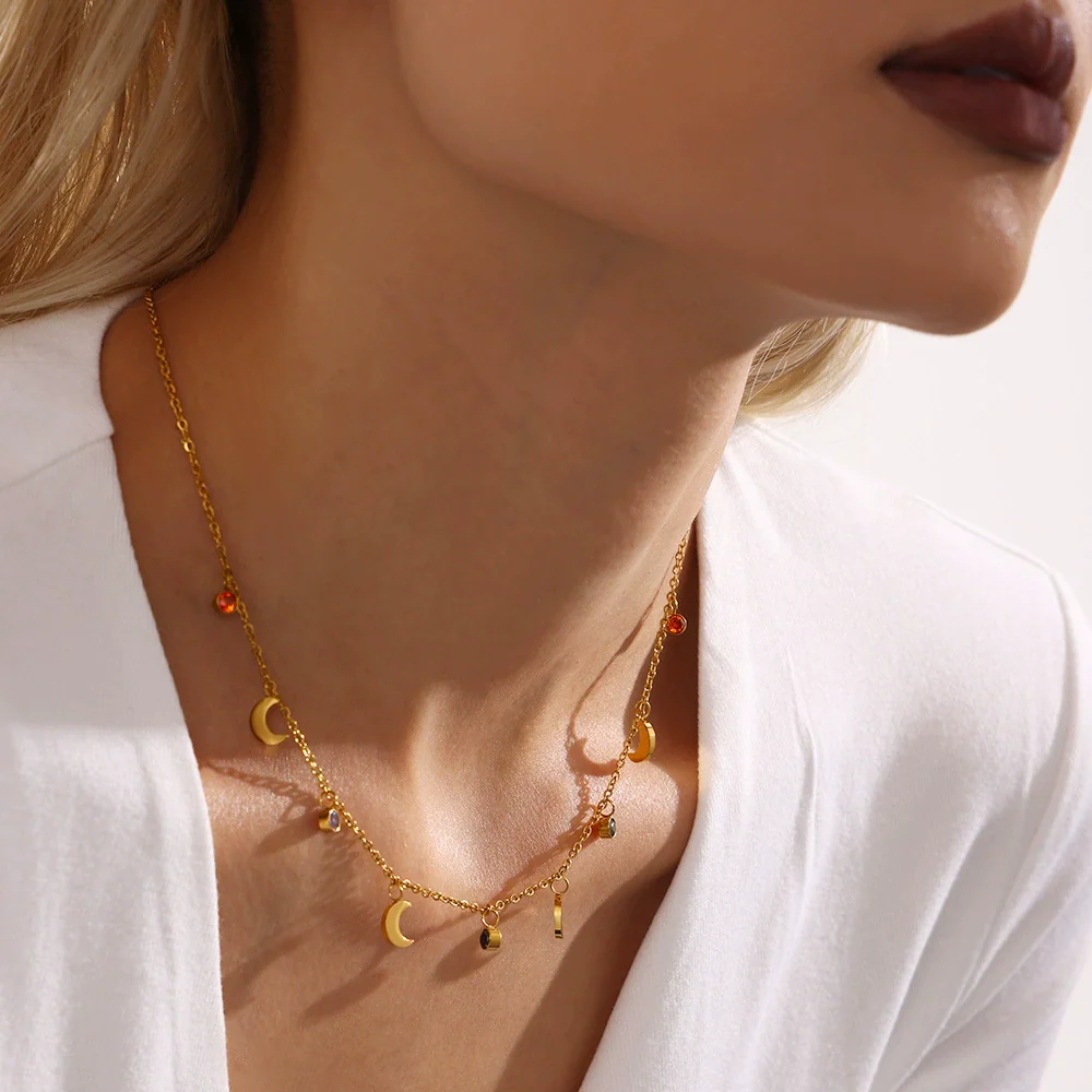 Wholesale Women's Light Luxury Geometric Ferris Wheel Moon Clavicle Necklace With Multicolor Rhinestone Tassel Stainless Steel 18K Gold Plated Zircon Pendant - Image 3