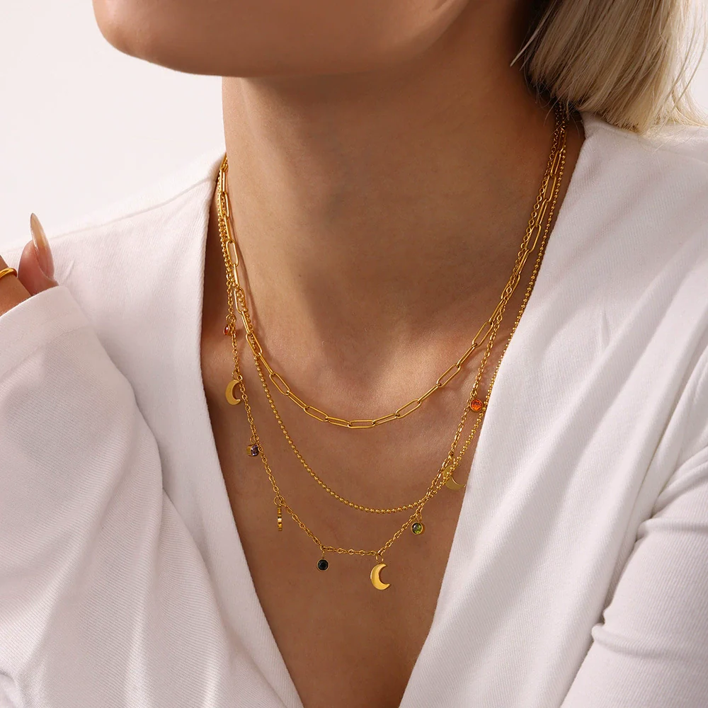 Wholesale Women's Light Luxury Geometric Ferris Wheel Moon Clavicle Necklace With Multicolor Rhinestone Tassel Stainless Steel 18K Gold Plated Zircon Pendant - Image 4