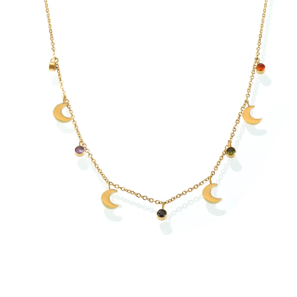 Wholesale Women's Light Luxury Geometric Ferris Wheel Moon Clavicle Necklace With Multicolor Rhinestone Tassel Stainless Steel 18K Gold Plated Zircon Pendant - Image 5
