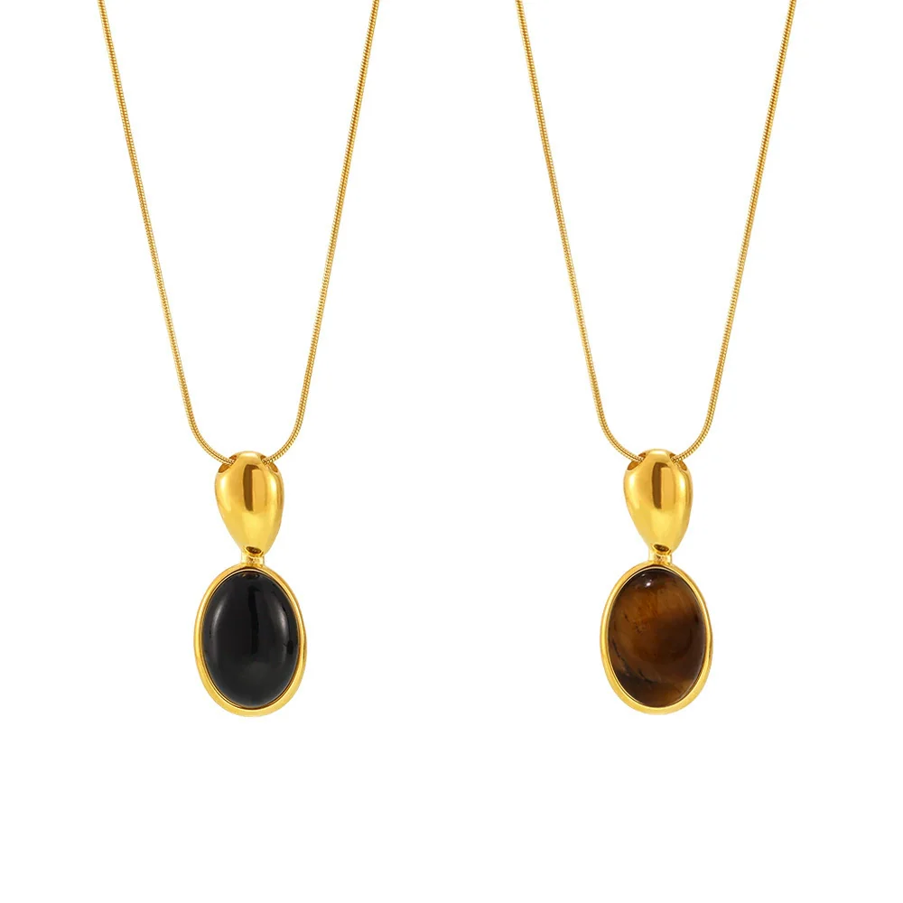 Wholesale Women's Light Luxury Geometric Ferris Wheel Oval Long Necklace In Stainless Steel And Tiger Eye Stone With Pvd Electroplating 18K Real Gold - Image 5